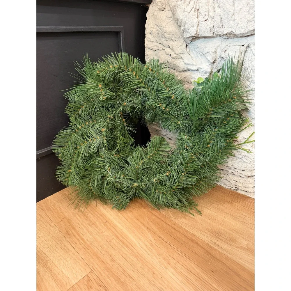 Faux Evergreen Christmas Wreath with Pinecones Eucalyptus and Cedar 14 Inch